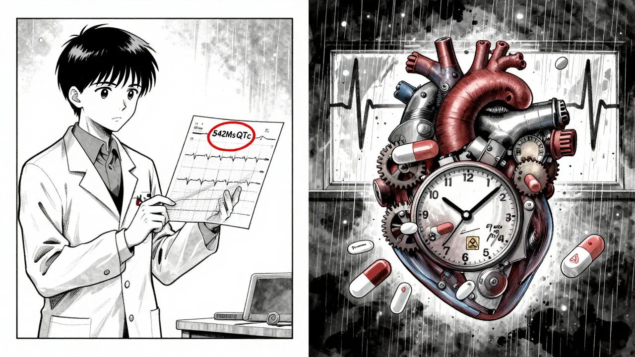 Psychiatrist studying ECG with heart depicted as broken clock, floating QT-prolonging pills jamming its gears.