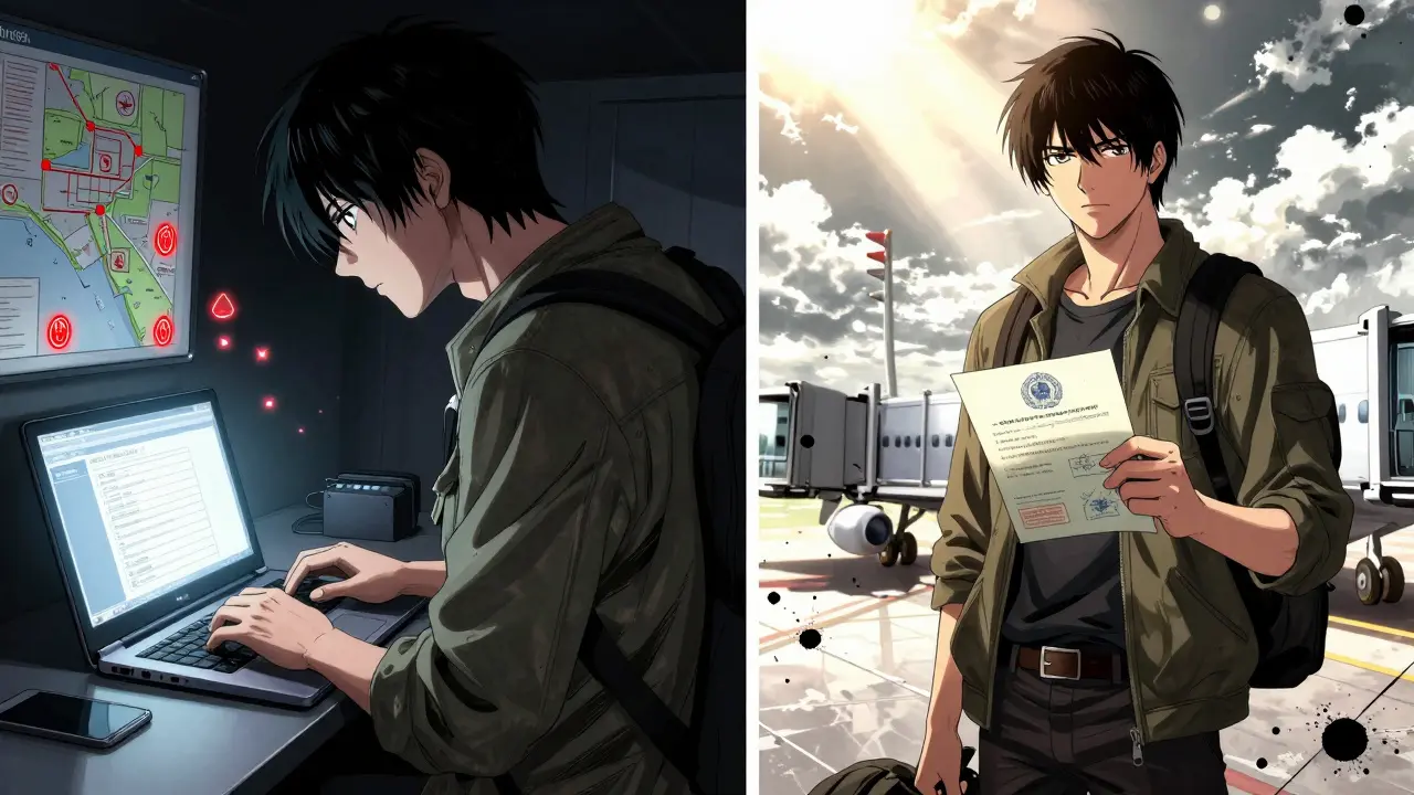 Split scene: traveler researching medication rules online, then holding official permit at airport with sunlight.