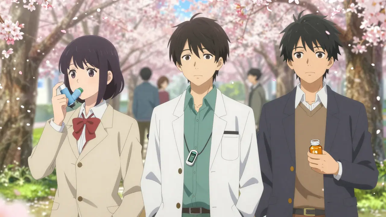 Three people in a park hold different health devices — inhaler, glucose monitor, pill bottle — as petals fall around them.