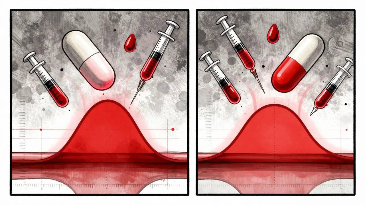 Two pills dissolving in bloodstream with AUC curves and syringes floating around.