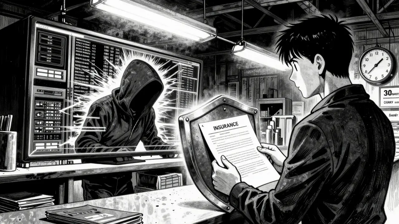 Warehouse data breach at night with retailer clutching contract as digital theft glows on screen.