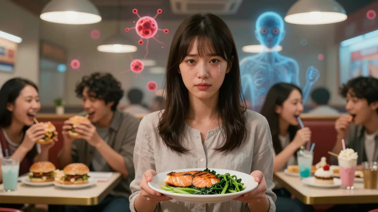 Woman eating healthy food in a crowded restaurant, surrounded by others eating junk food, immune cells glowing softly around her.