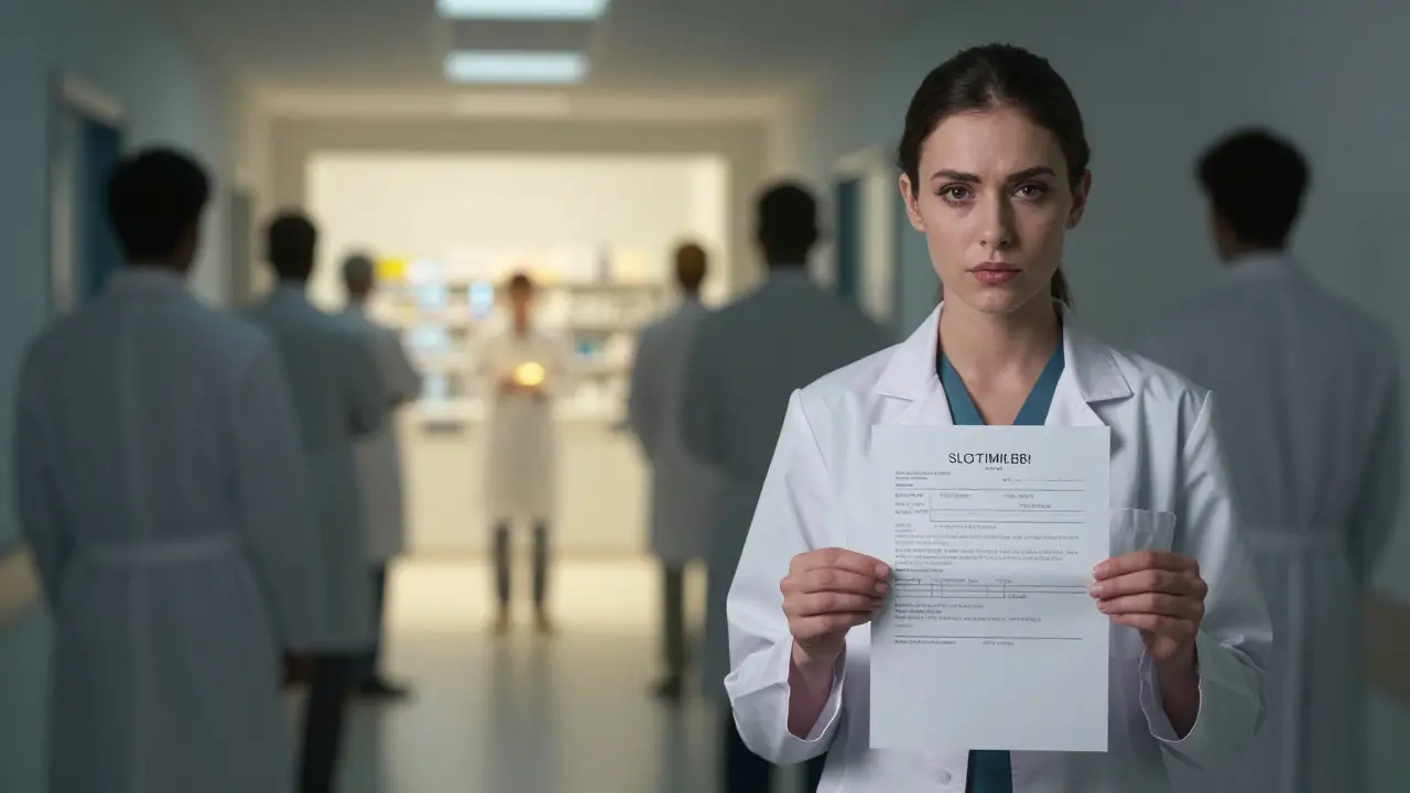 Woman holding genetic test result, shadowy doctors fading behind, path to pharmacist offering alternative medication.