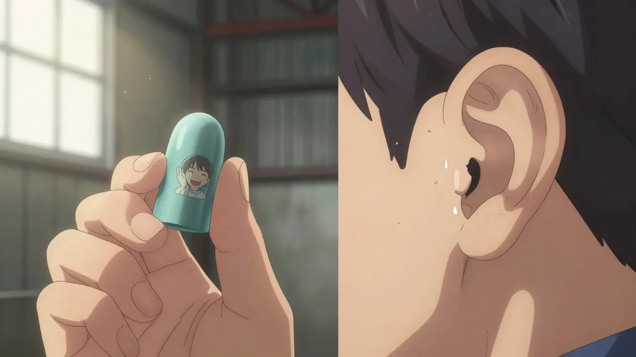 Worker holding a custom earplug, split view of healthy vs. damaged inner ear, tear reflecting child's laugh.