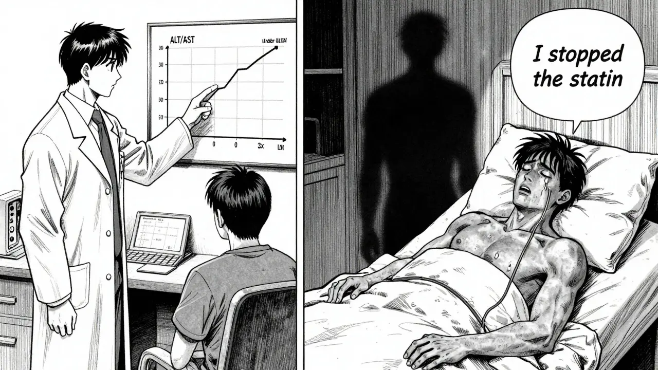 A doctor points to a normal enzyme graph while a panicked patient lies in bed with a looming heart attack shadow.
