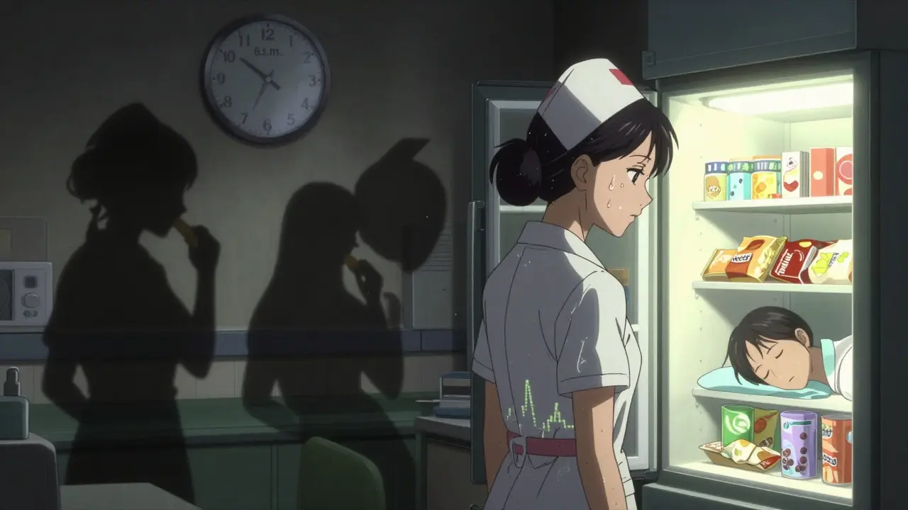 A night-shift worker staring into a fridge at 3 a.m., with a shadow showing two conflicting versions of themselves.