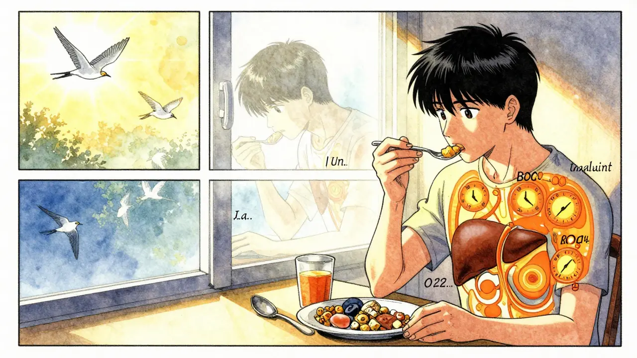 A person eating breakfast in morning light as their body's internal clocks sync harmoniously, with a fading dark version behind them.