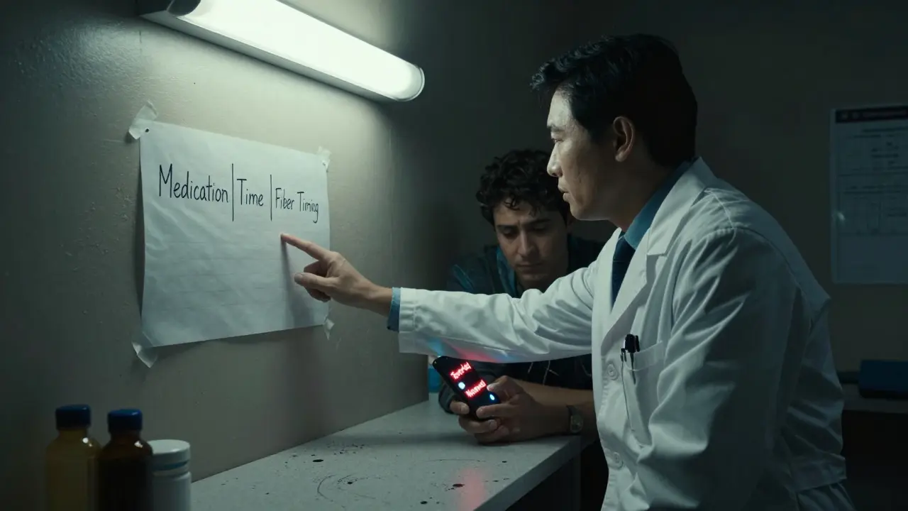 A pharmacist pointing to a handwritten chart about medication and fiber timing.