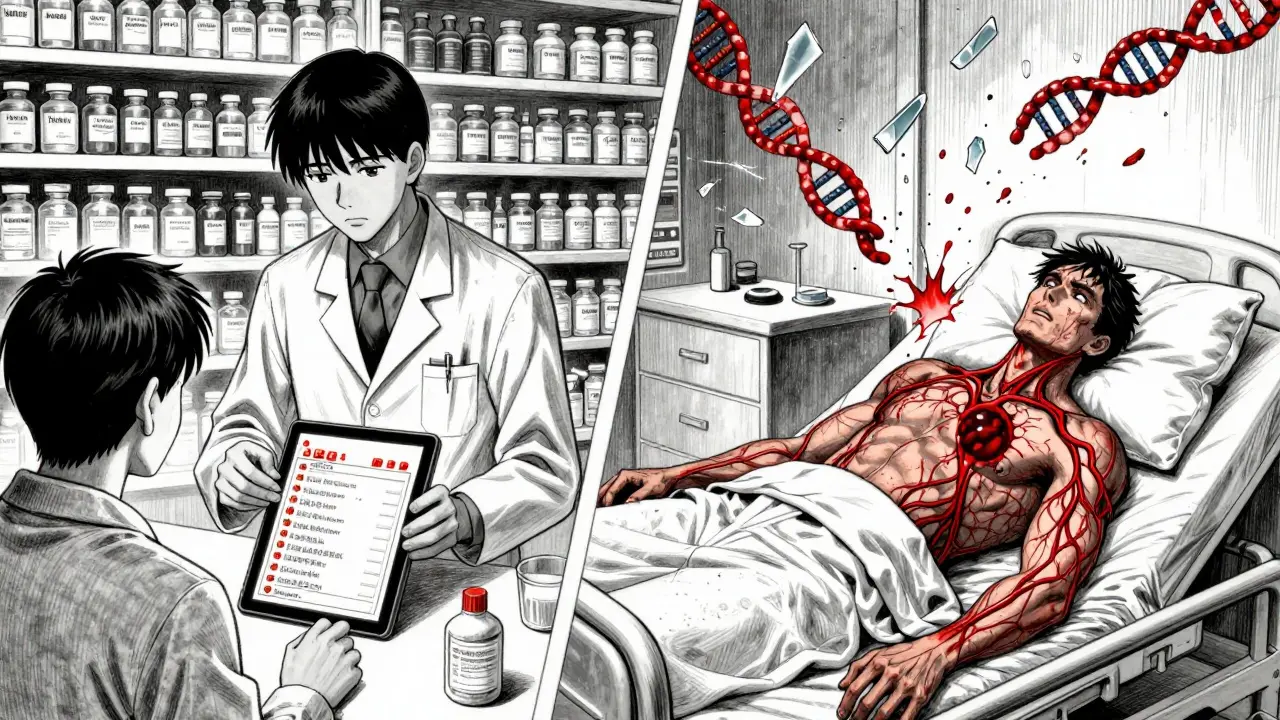 A pharmacist reviewing genetic data while a patient collapses with warning alerts flashing, showing drug reaction risks.