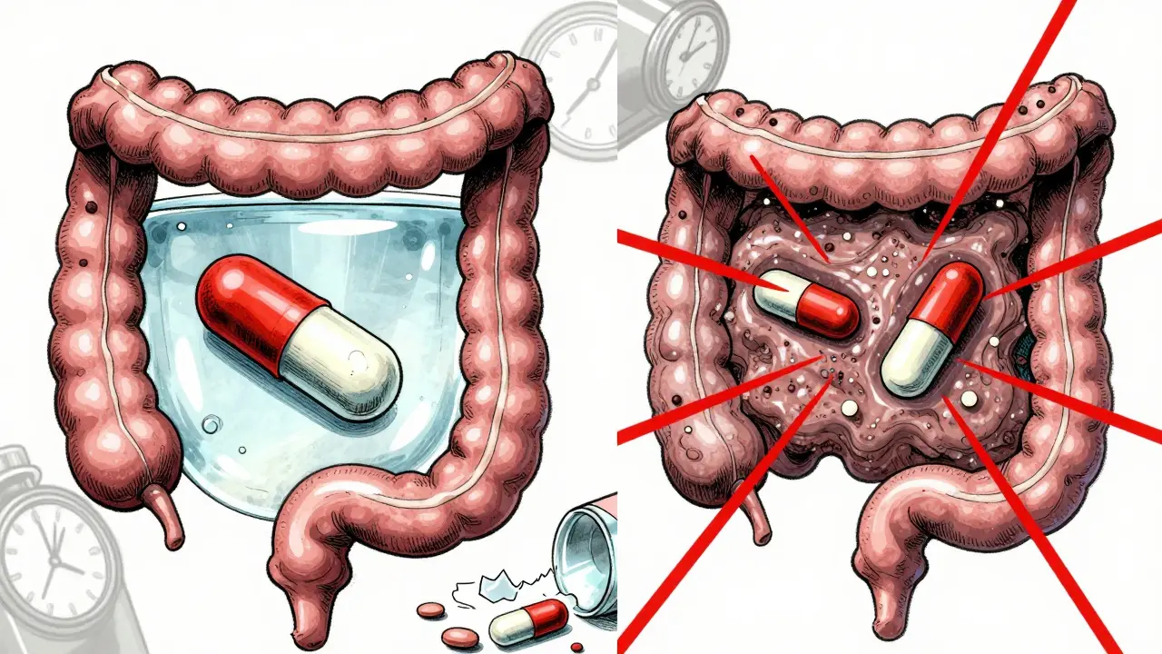 A split view of pills moving freely vs. trapped in fiber gel inside the intestine.