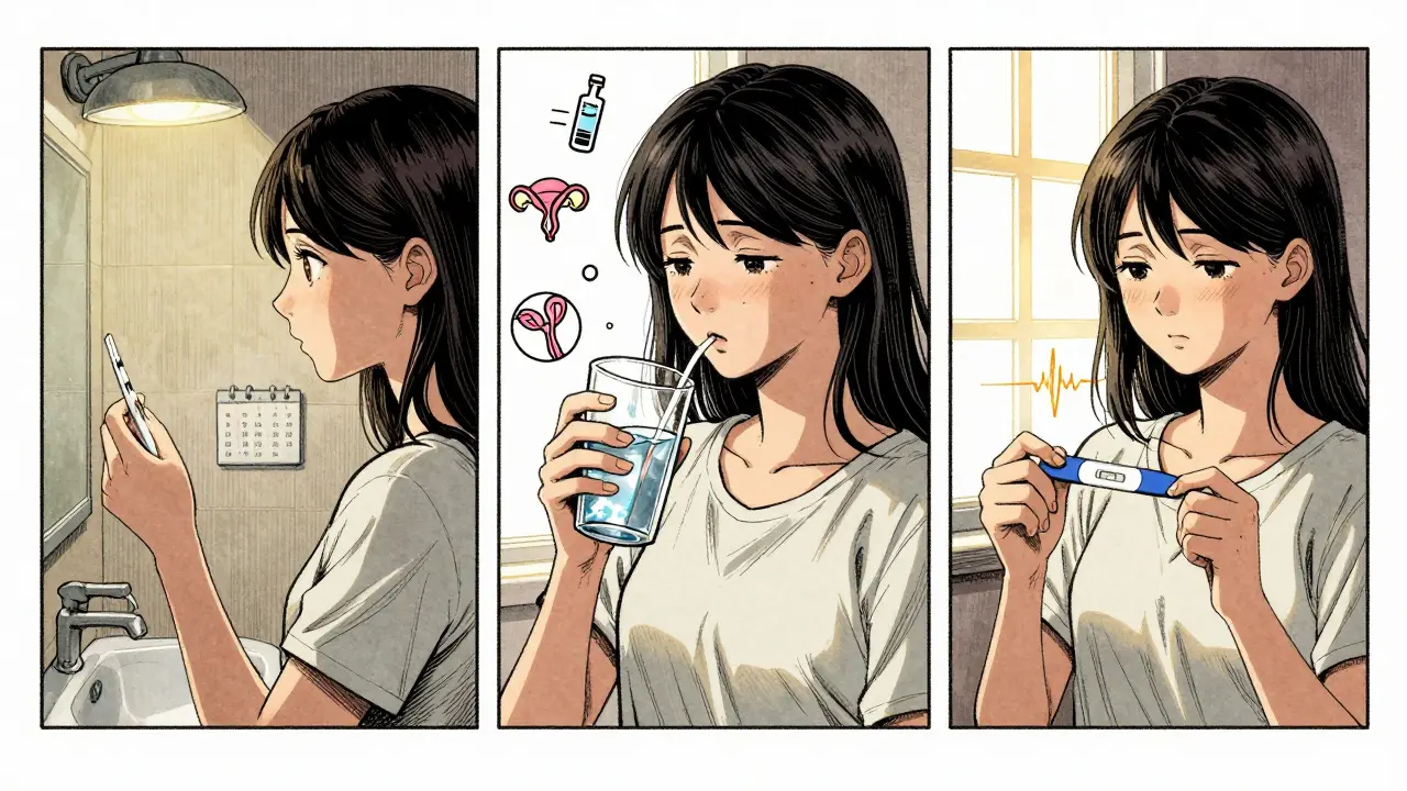 A three-panel manga-style story showing a woman's journey from infertility to pregnancy with metformin.
