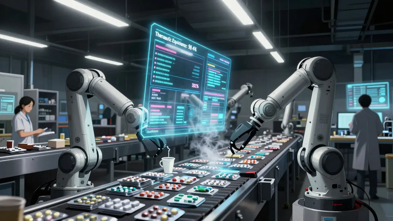 AI-powered pharmacy fulfillment center with robotic arms sorting pills, holographic data displays, and pharmacists monitoring systems.