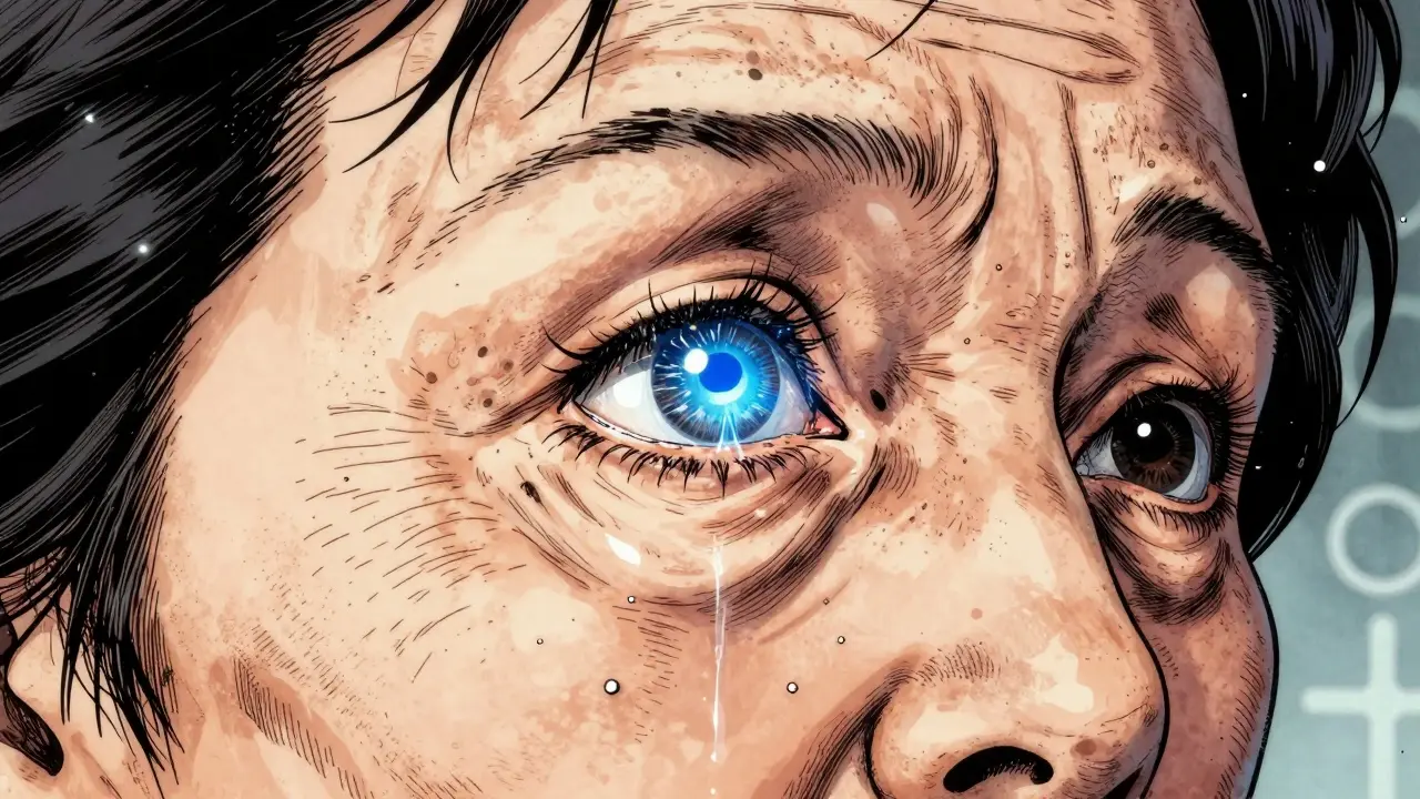 An elderly woman’s inward-turning eyelid causing lashes to scratch her eye, with tears streaming down her face.