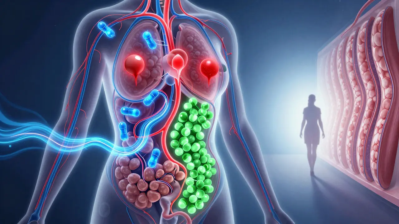 Anatomical illustration showing insulin and testosterone levels balancing in a woman's body due to metformin's effect.