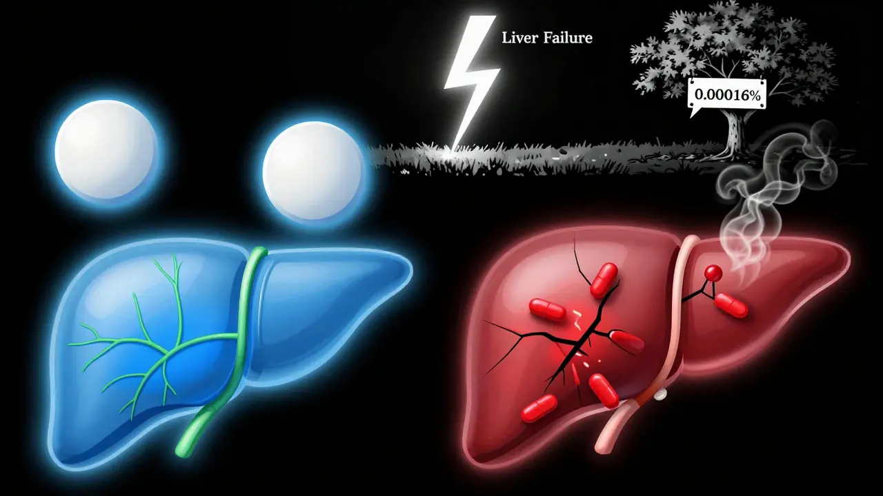 Blue-glowing statins are safely absorbed by a liver, while red statins emit dissipating smoke, with a tiny lightning bolt marking extreme rarity of liver failure.
