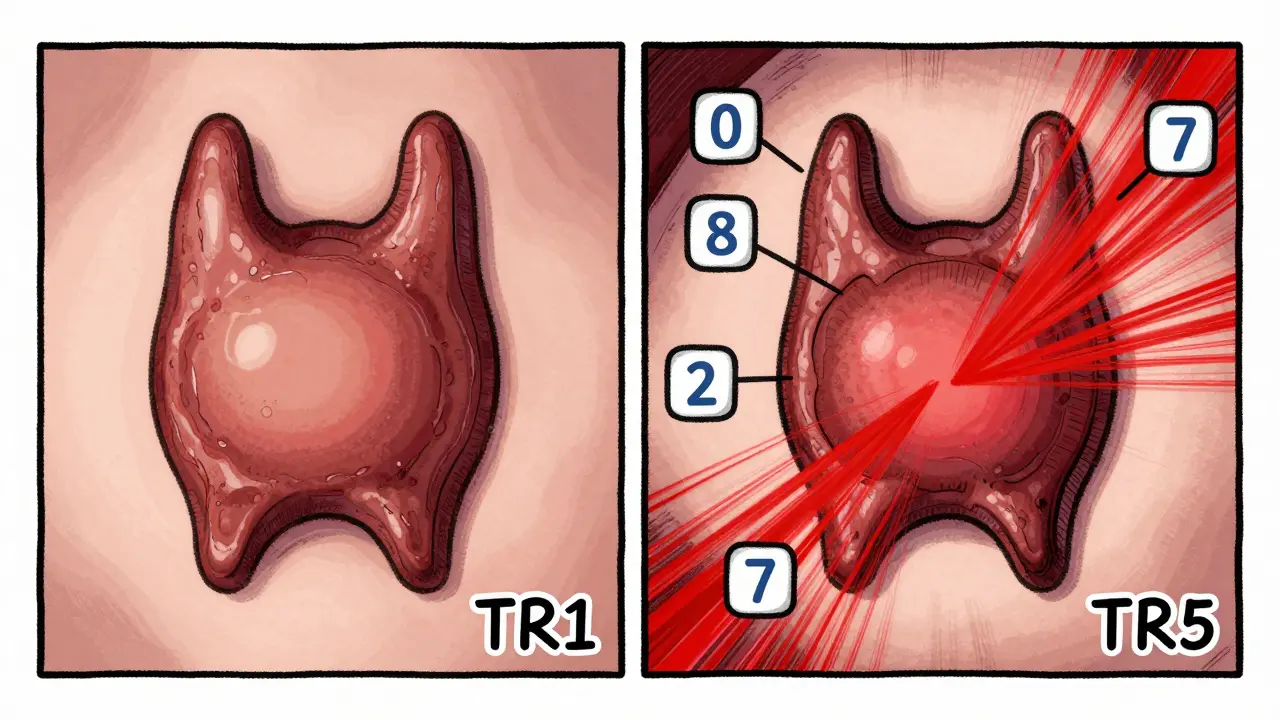 Comparison of benign and cancerous thyroid nodules using TI-RADS scoring system with visual indicators.