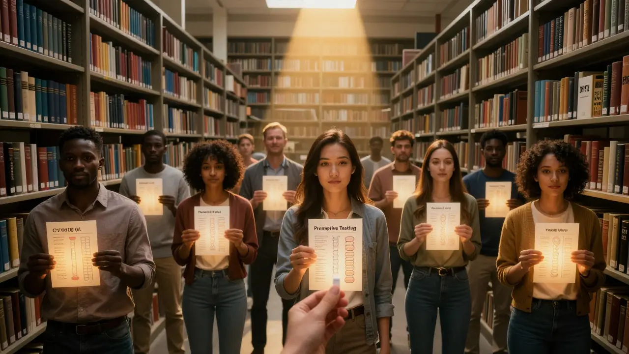 Diverse individuals holding glowing gene charts in a vast library of genetic data, with a hand reaching for a test kit.