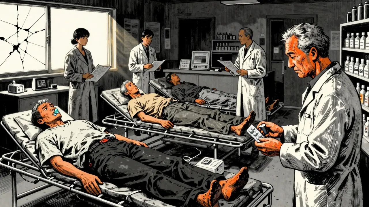 Emergency room with patients and pharmacist handing out blister packs