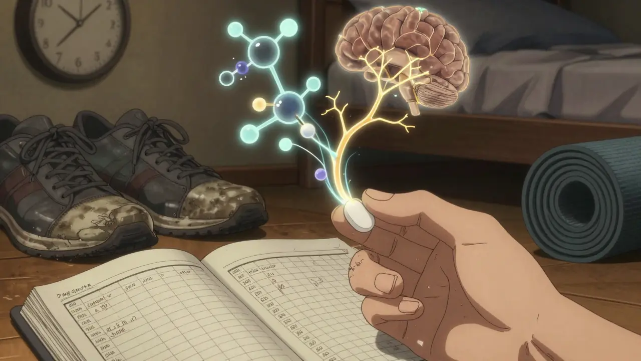 Hand holding pill next to journal and yoga mat, with glowing neural pathways in background.