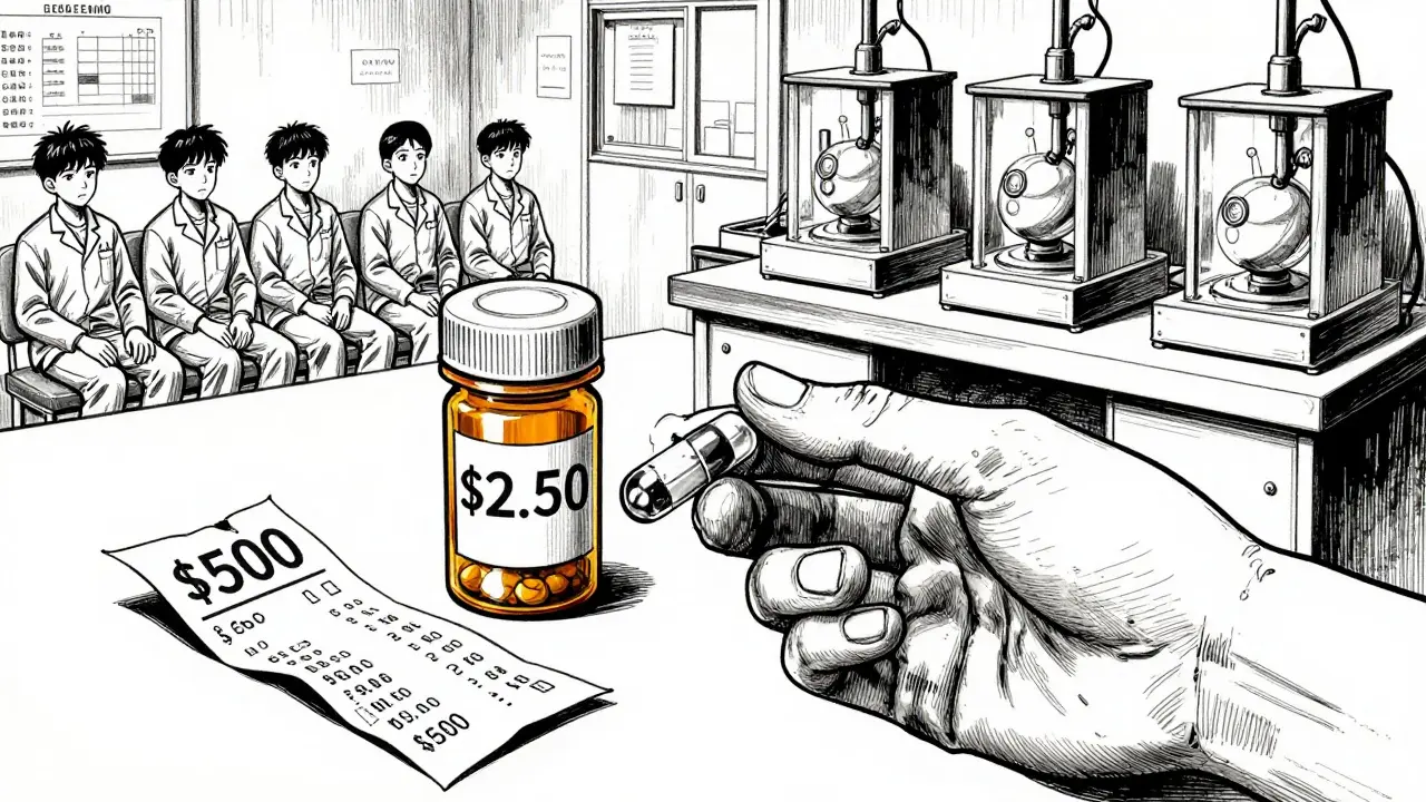 Patient holding cheap generic pill bottle beside expensive brand receipt, split realities in background.