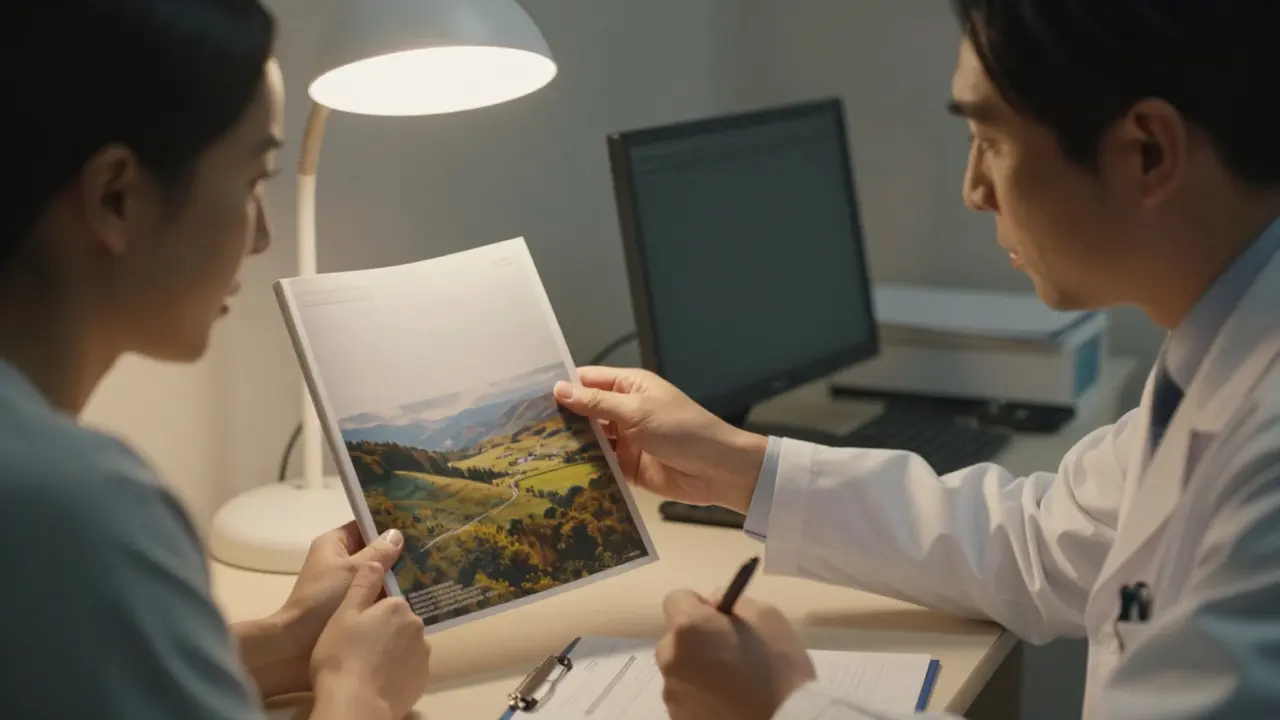 Patient points to blank magazine while doctor hesitates to prescribe