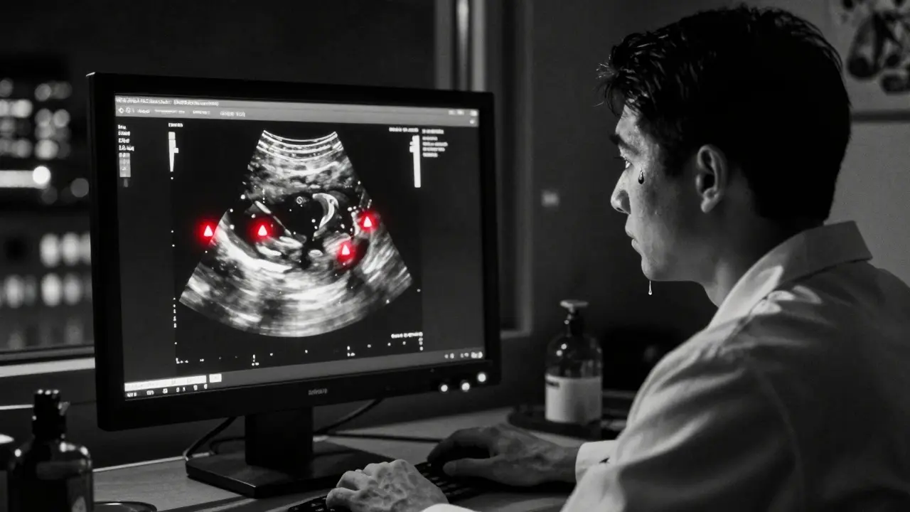 Radiologist viewing AI-enhanced ultrasound with warning markers, symbolizing the gravity of hidden cancer risks.