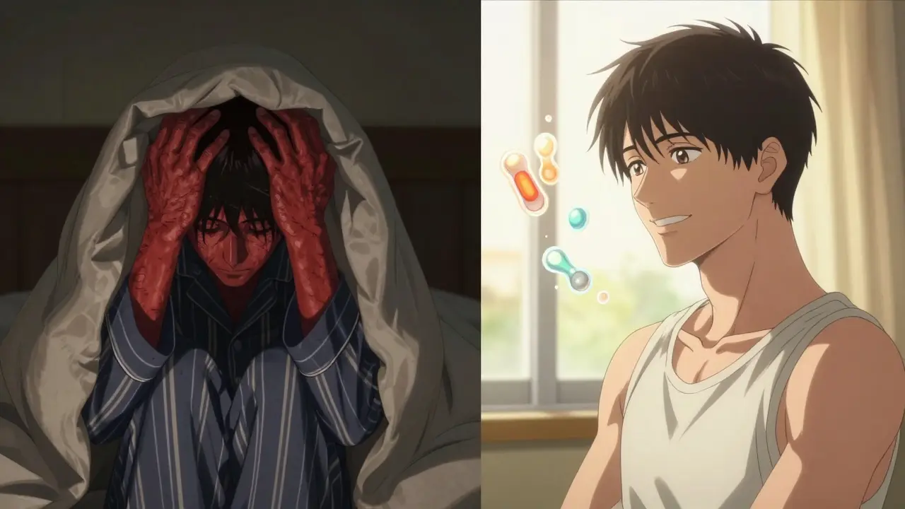 Split scene showing winter KP flare-up on the left and smoother skin in summer sunlight on the right.