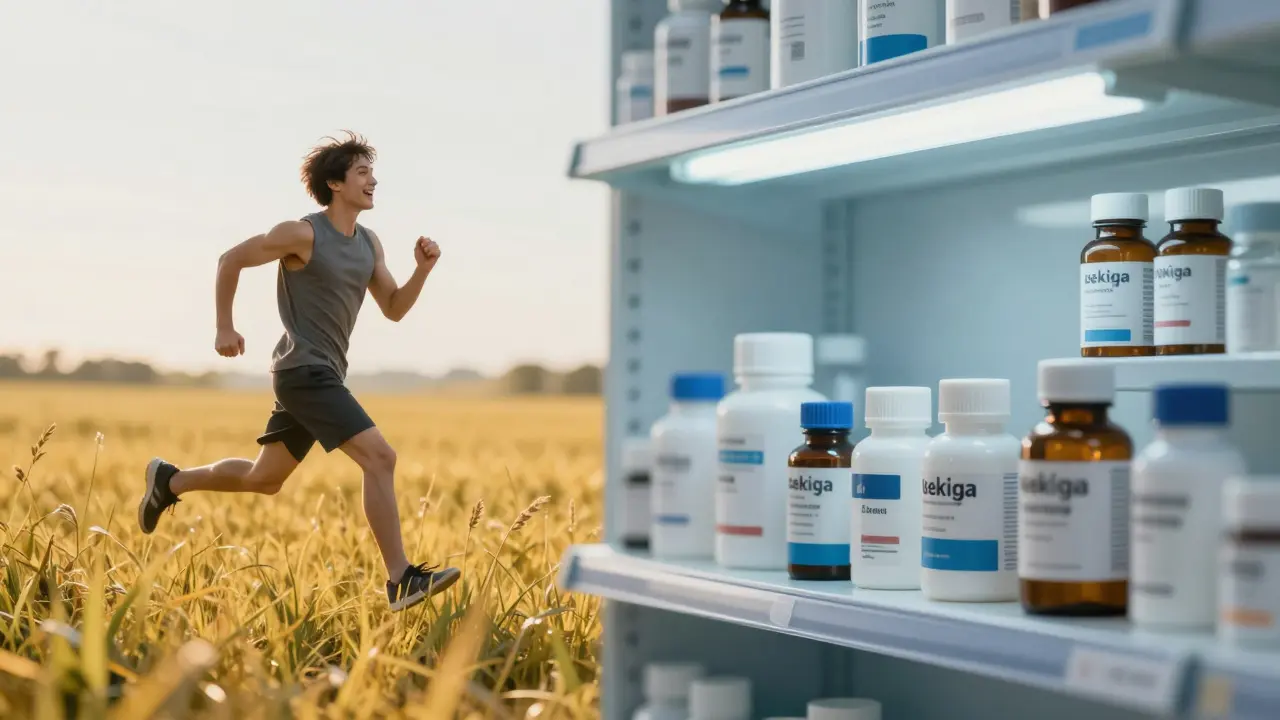 Split-screen of sunny meadow vs sterile pharmacy shelf for drug marketing contrast