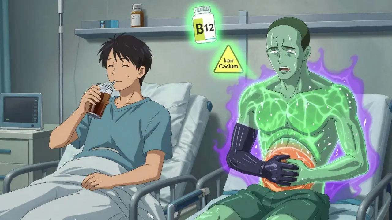 Two post-op patients: one relaxed with soda, the other suffering dumping syndrome in moody manga style.