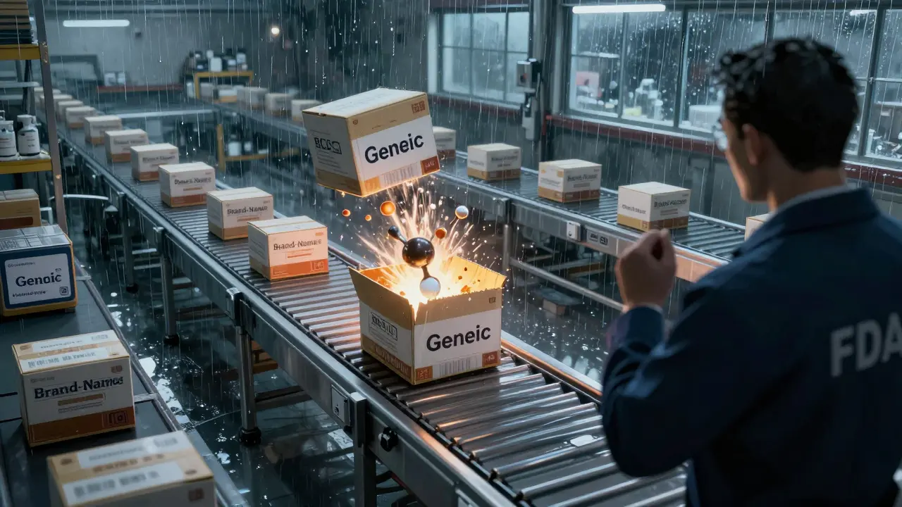 Warehouse scene with generic drugs overtaking brand-name products under FDA approval.