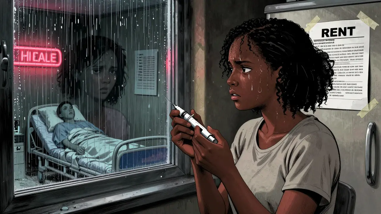 Woman holding insulin pen while rent notice reflects in rainy window