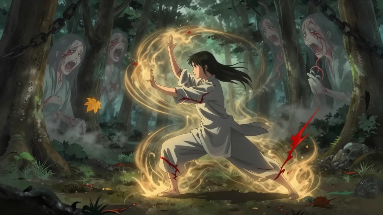 Woman practicing tai chi in forest, golden energy dispelling pain shadows at twilight.