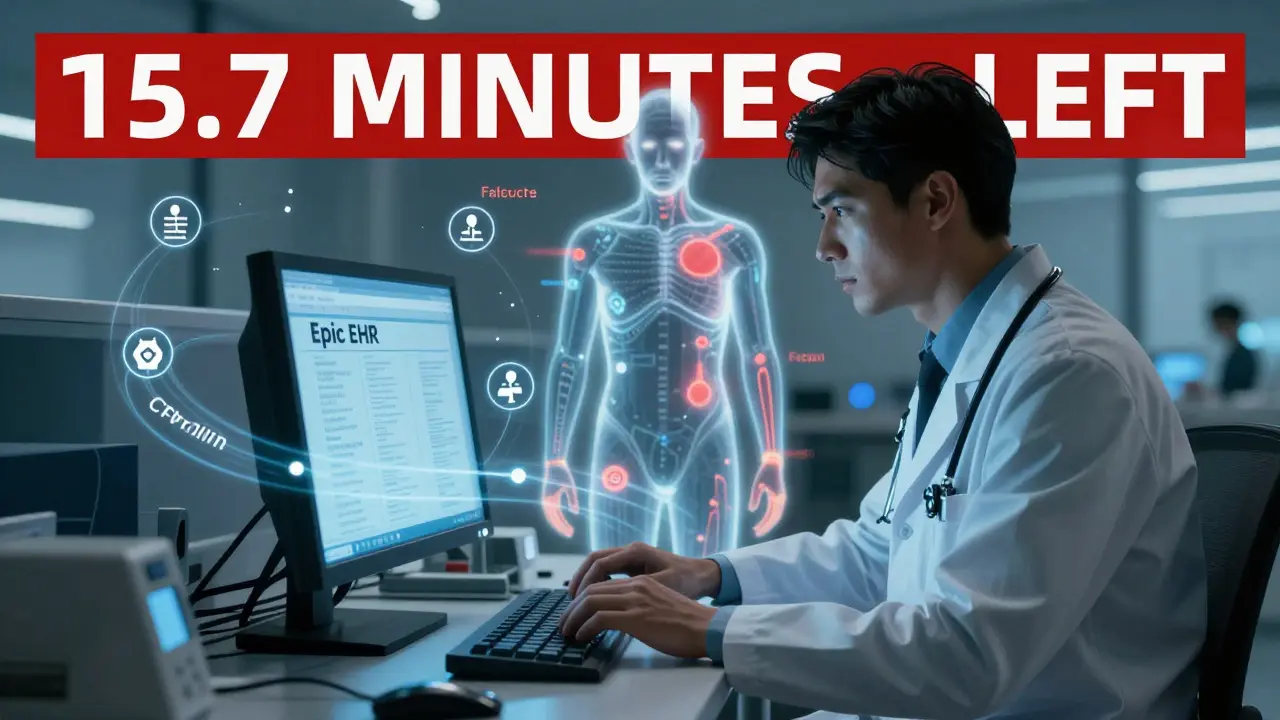 A doctor typing on an EHR system while a transparent patient with visible symptoms stands behind them.