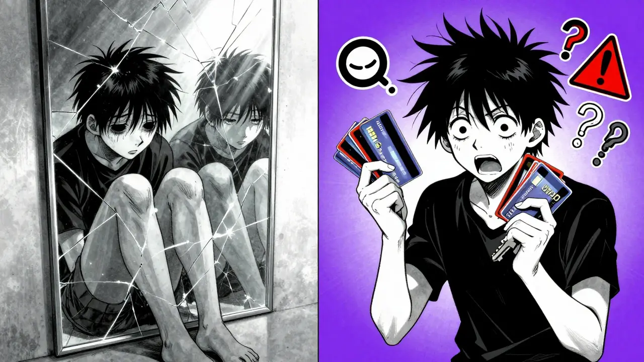 A fractured mirror showing one face in deep depression and the same person in hypomania, surrounded by symbolic warning signs.