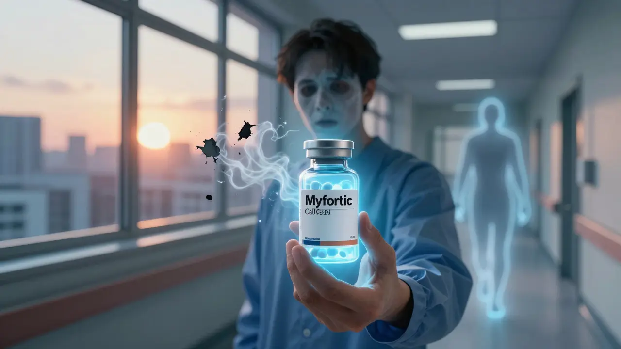A patient holding Myfortic pill bottle with protective blue aura, while CellCept dissolves into smoke behind them.