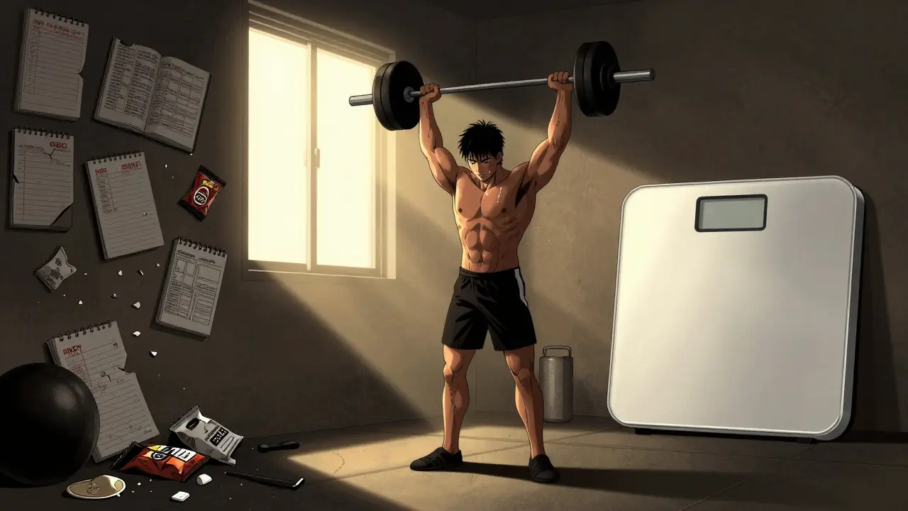 A person lifting weights in a dim gym, surrounded by discarded diet journals, with calm light on a stable scale.
