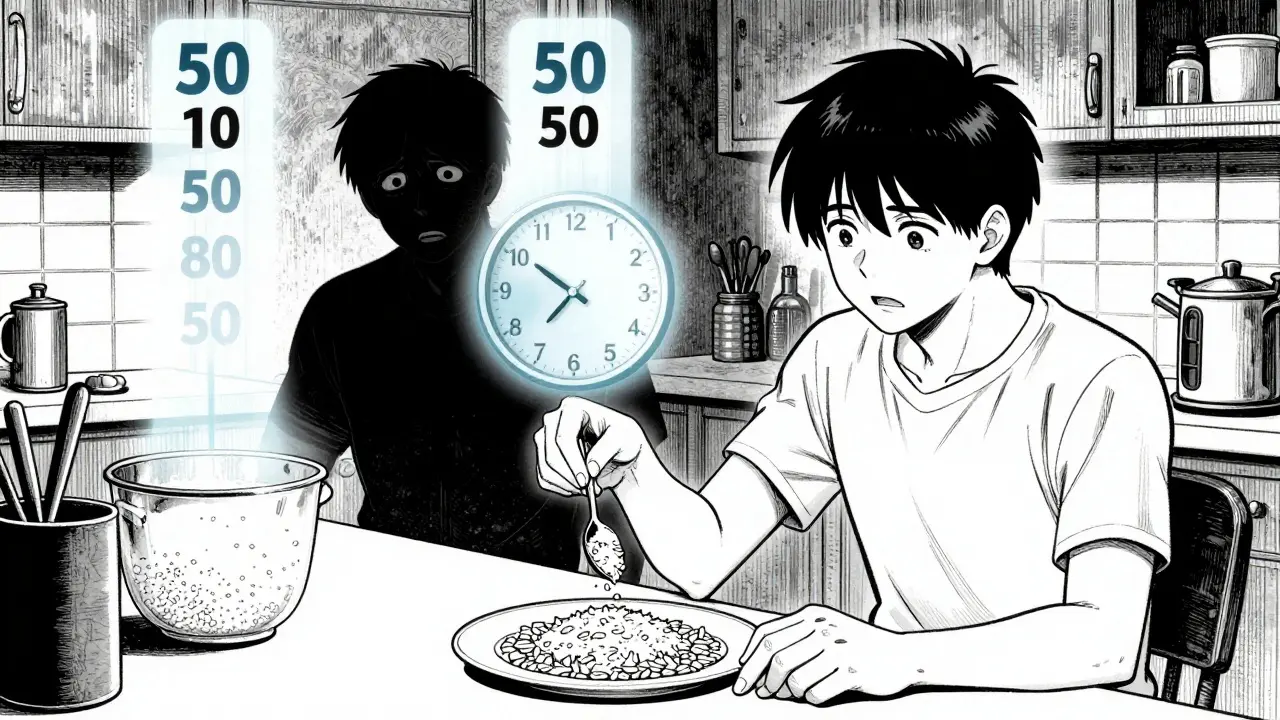 A person slowly adding food to their plate while calorie counters rise week by week in a gritty, ink-washed scene.