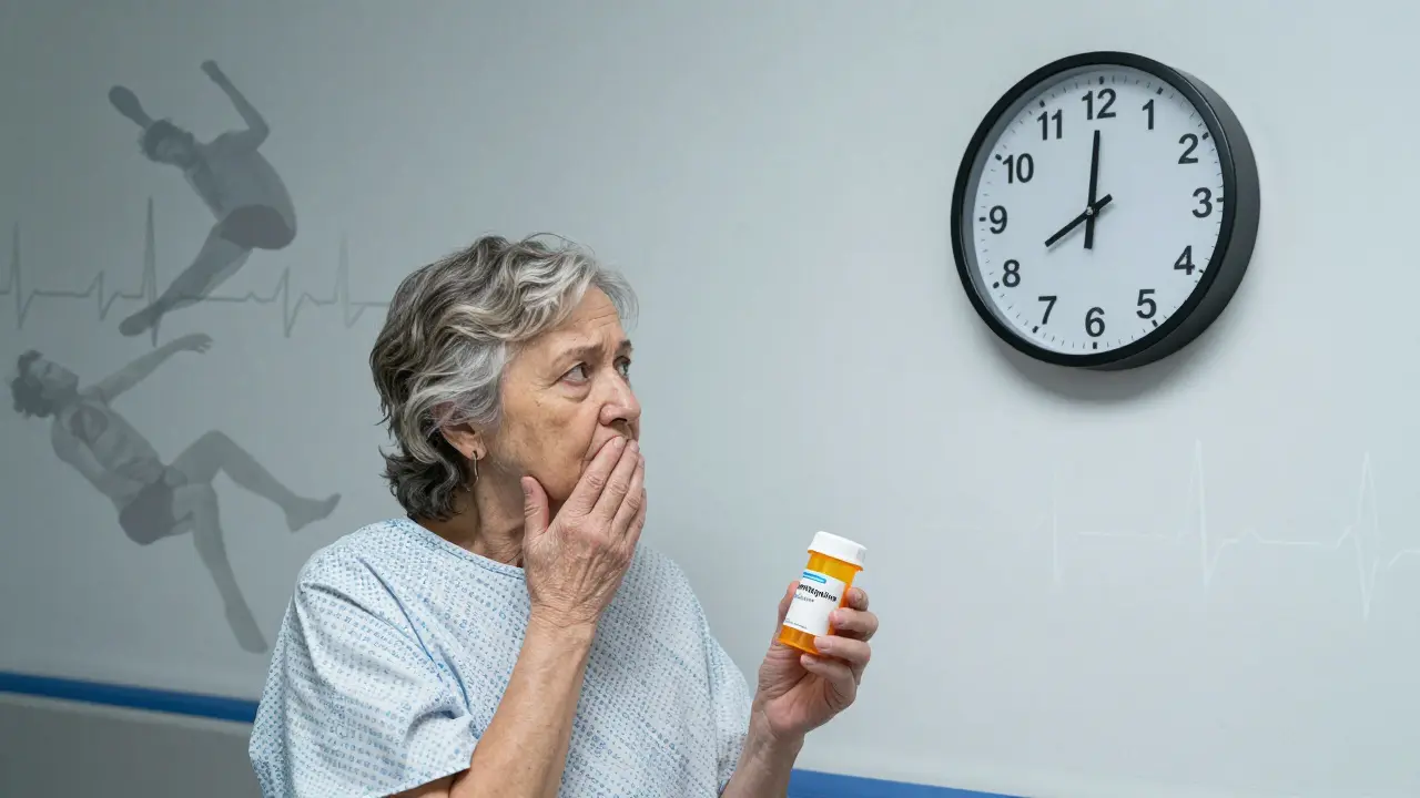 An elderly woman holds a TCA prescription as ghostly images of falls and heart rhythms loom around her.