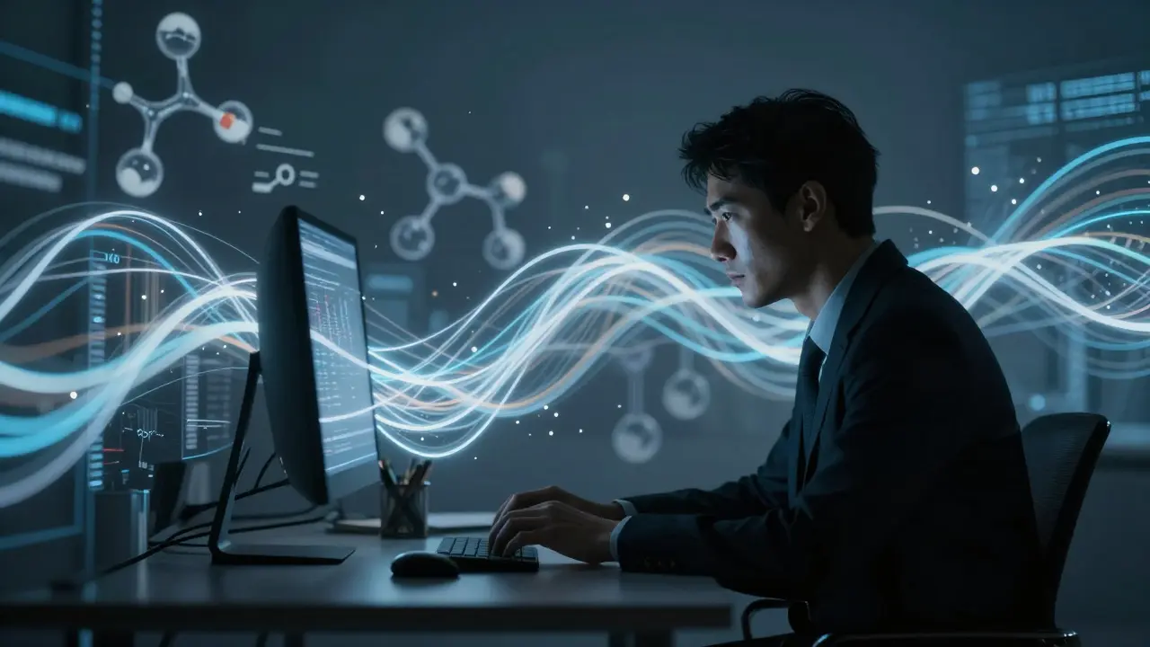 Analyst silhouette surrounded by abstract light patterns and molecules.