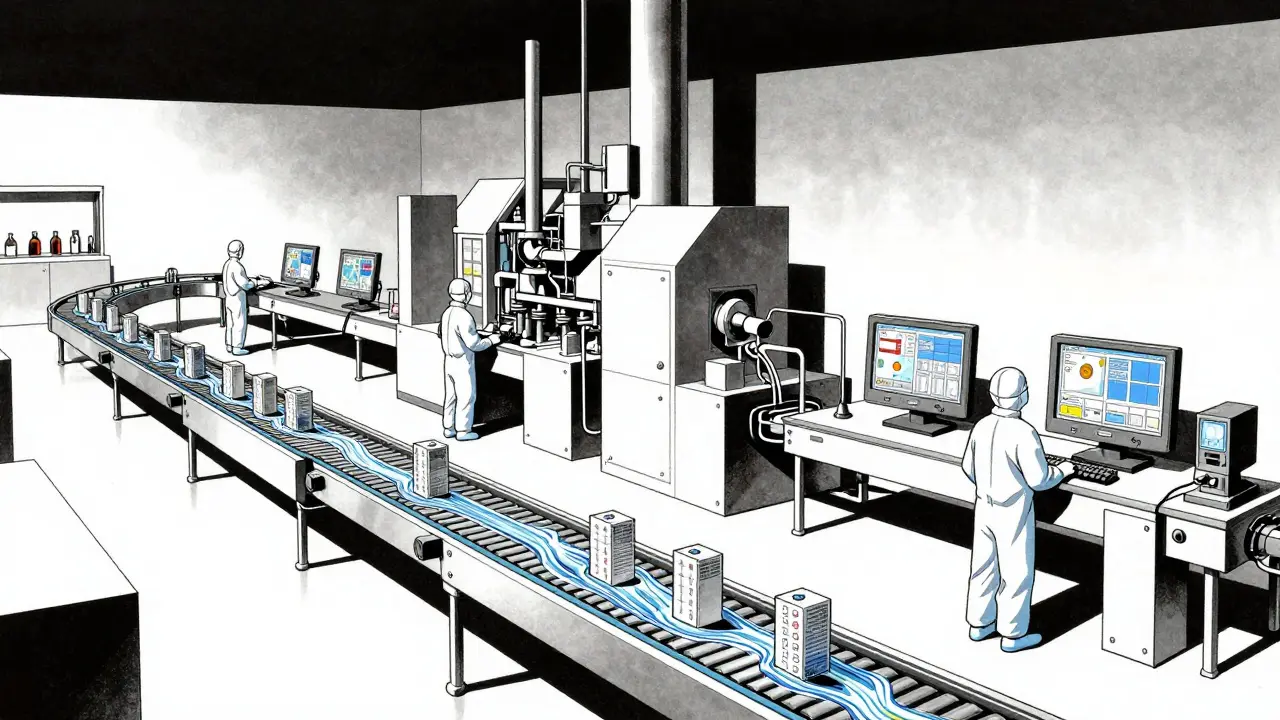 Continuous pharmaceutical manufacturing with real-time monitoring systems