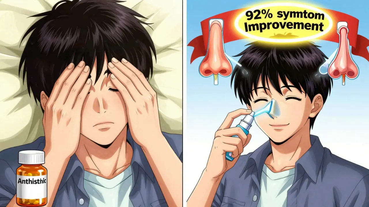 Contrasting scenes of drowsiness from oral meds versus alertness from nasal spray treatment.