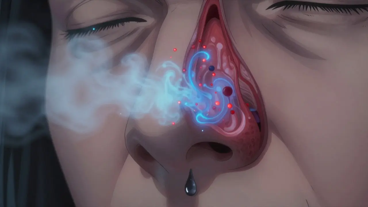 Cross-section view of nasal tissue with antihistamine mist neutralizing histamine particles.