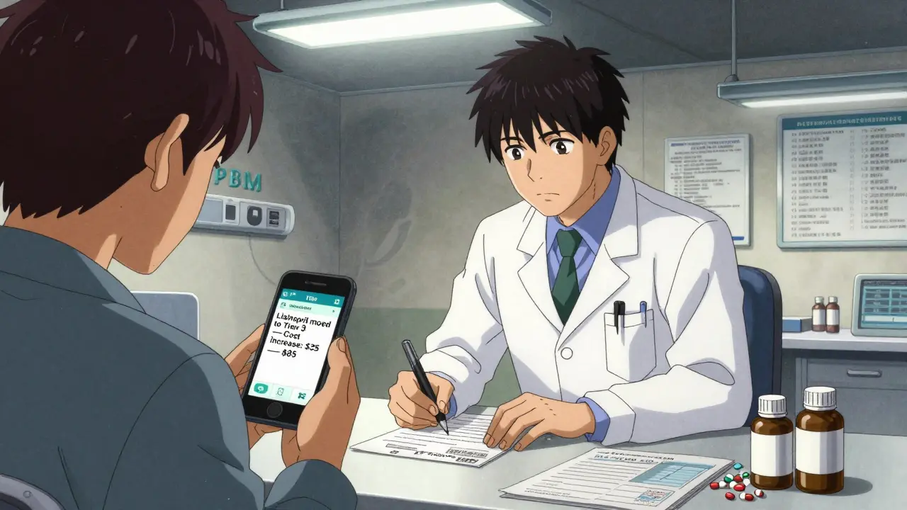 Doctor writing a prescription as patient checks a formulary update on their phone showing a price increase.