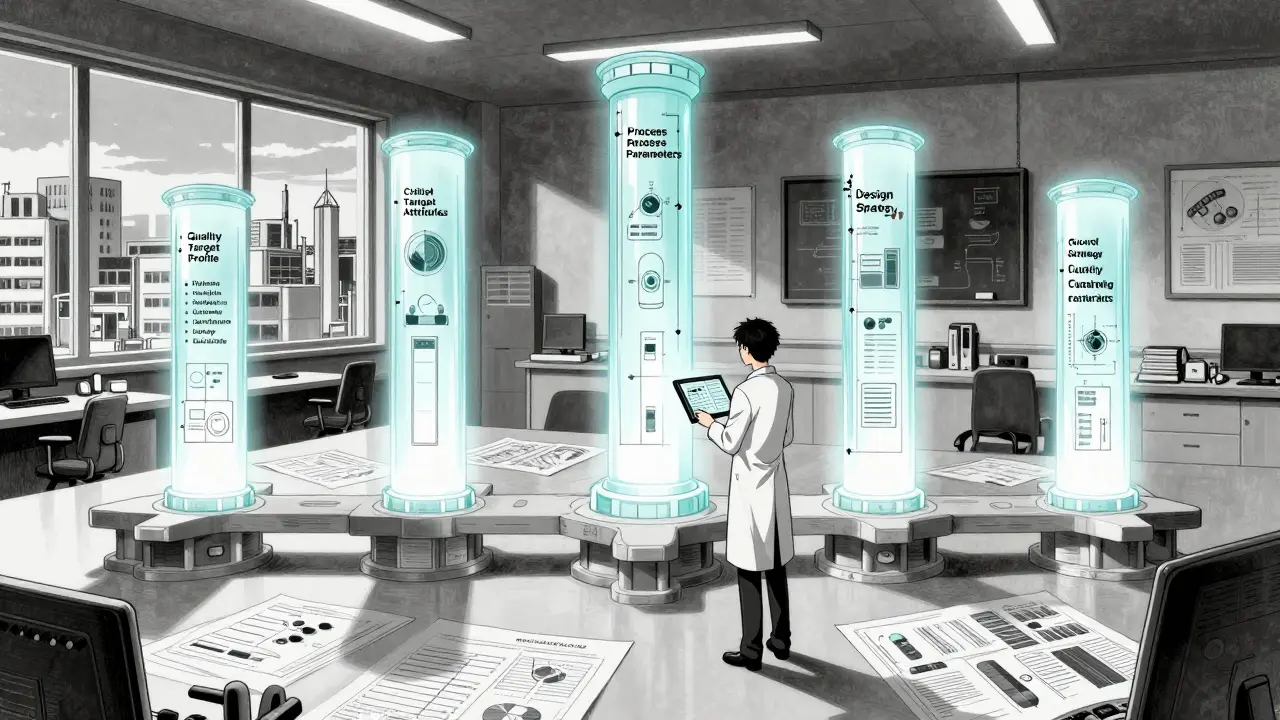 Five pillars of drug quality development shown as structural elements