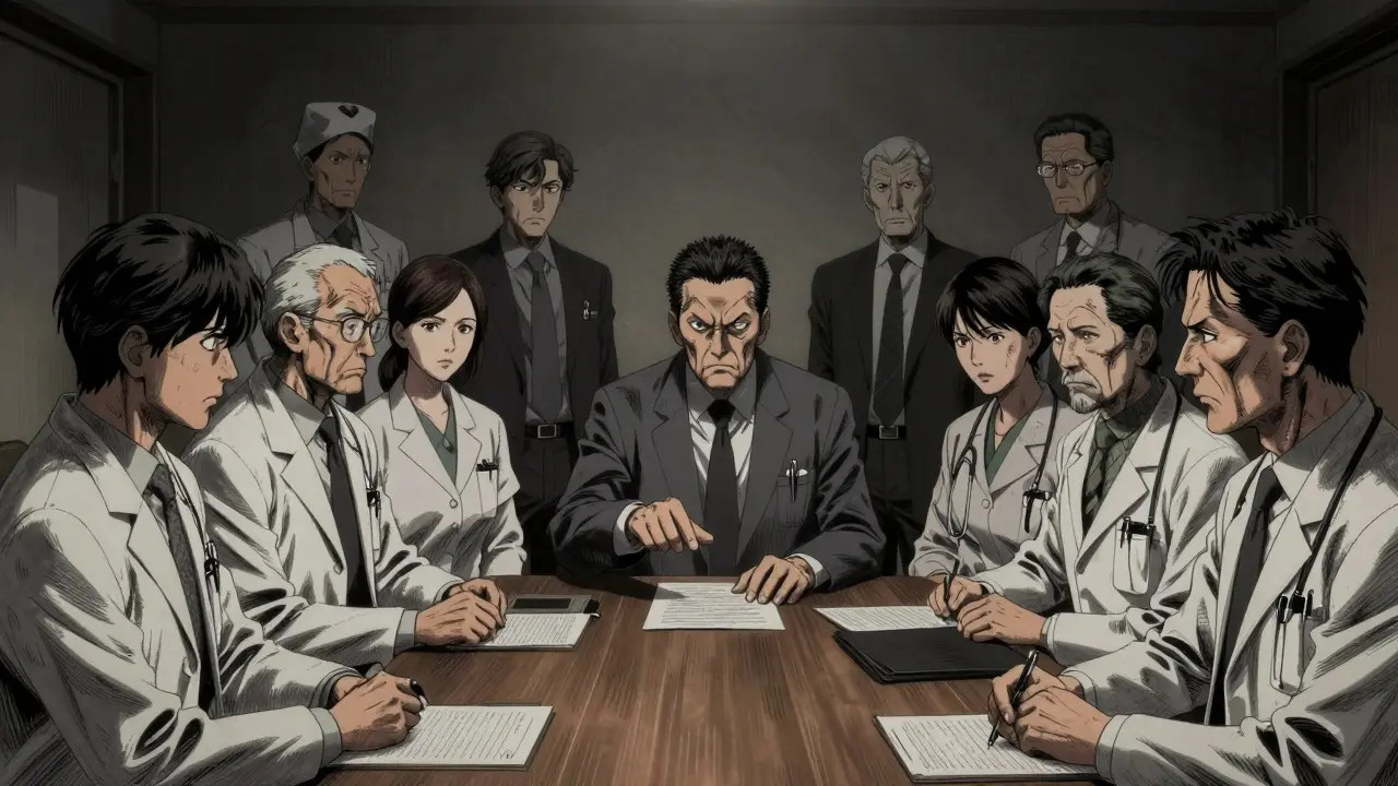 Medical committee members debating intensely in a dimly lit conference room.