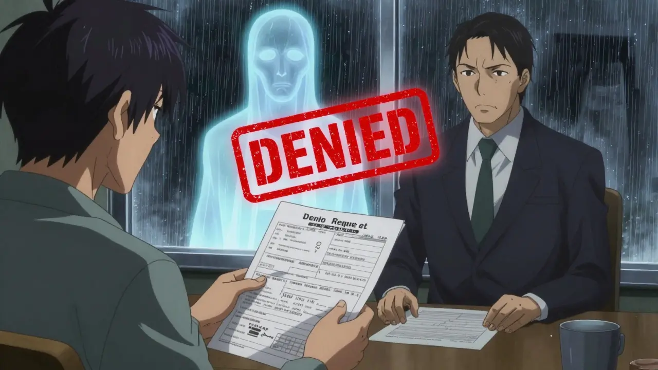 Patient submitting a formulary exception request while a 'DENIED' stamp looms above them.