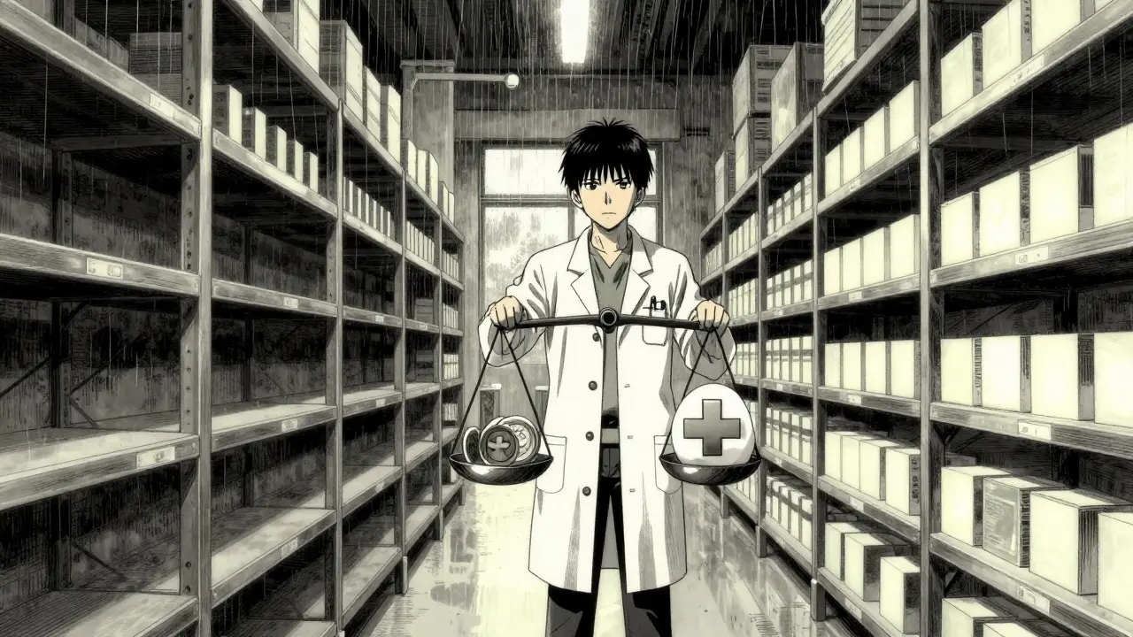 Pharmacist holding a balance scale in an empty warehouse aisle during shortages.