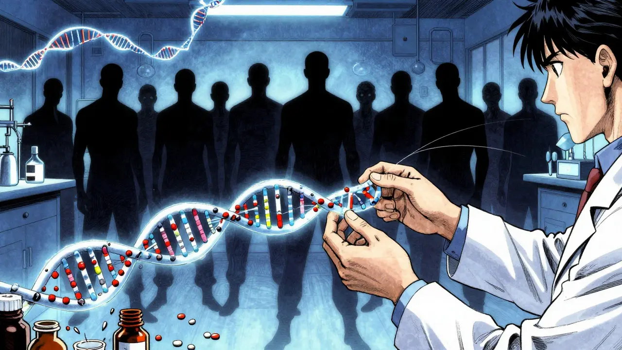 Scientist repairing DNA with CRISPR as shadowy figures watch, glowing molecular strands in cold blue light.