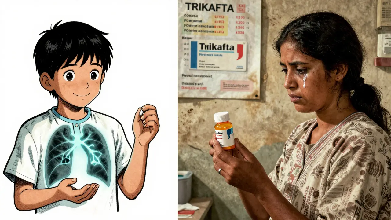 Split scene: child taking Trikafta in U.S. hospital vs. woman with empty bottle in rural clinic abroad.