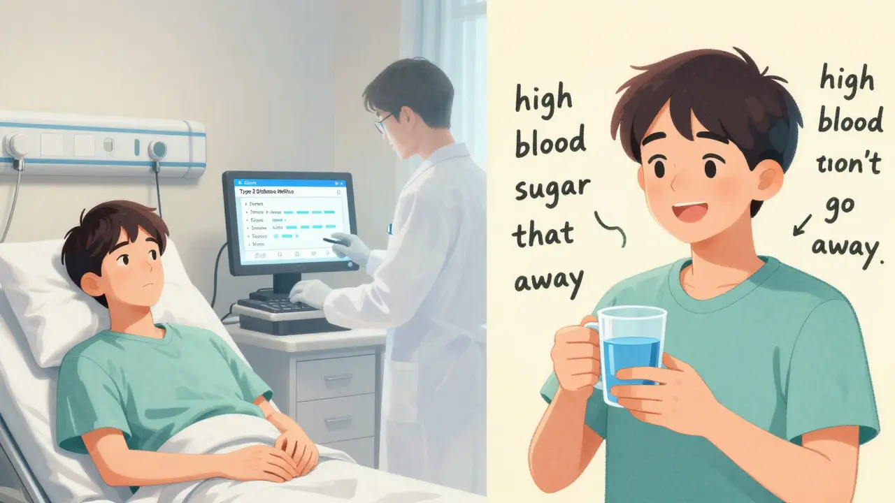 Split scene: confusing medical term on one side, plain-language explanation on the other, with a hidden health professional bridging the gap.